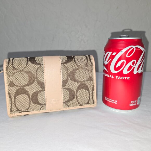 Coach Signature Canvas & Leather Khaki Brown Wallet Bifold Zip Coin Compartment - Picture 2 of 11